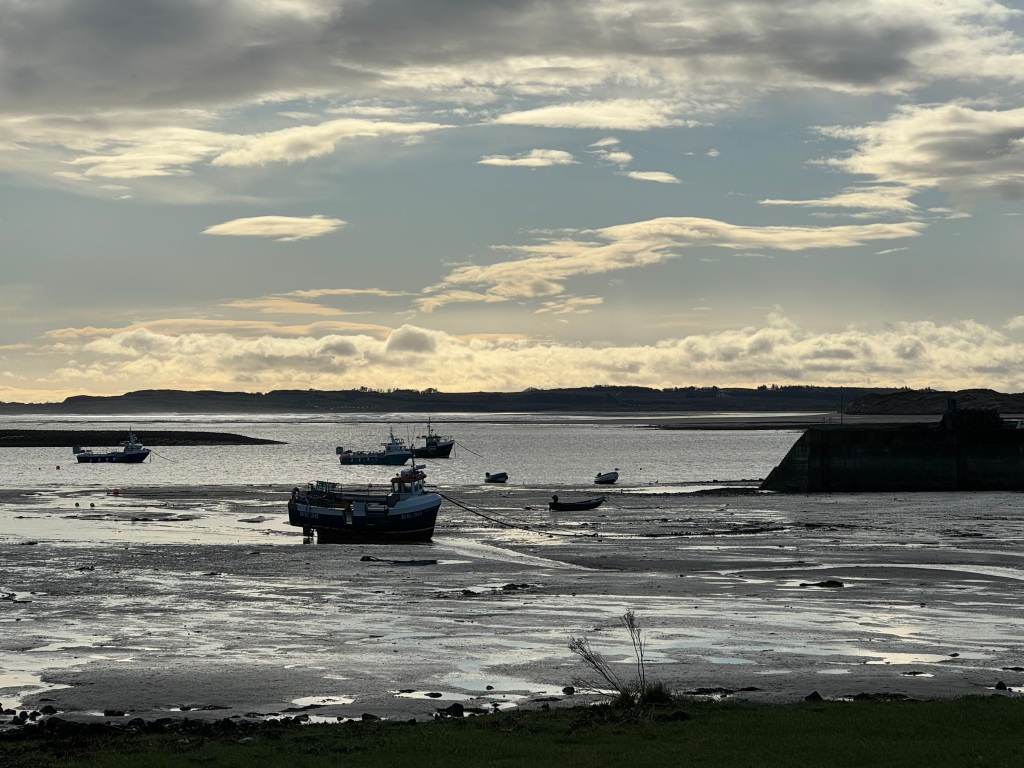 The small harbour on Holy Island, with the Northumberland coast in the distance