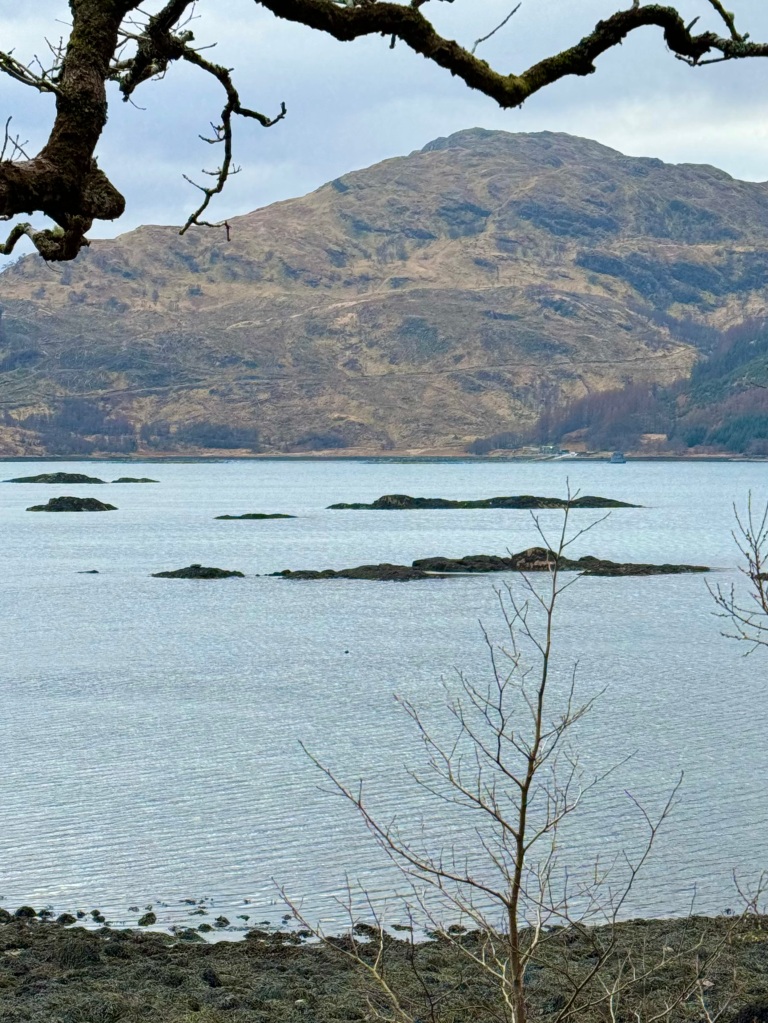 view of the loch, with rocks and mountain.